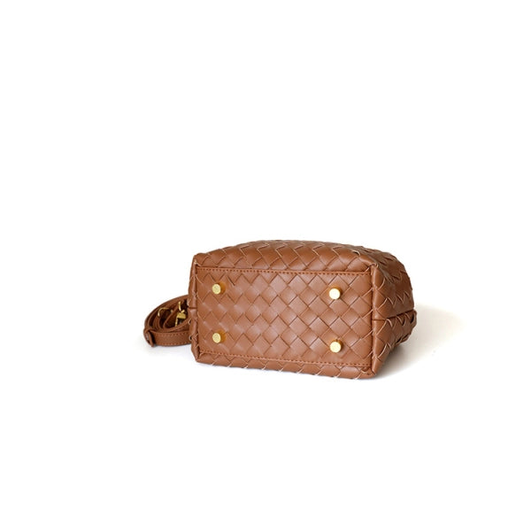 Coffee Leather Woven Bag Zip Crossbody Boston Handbags