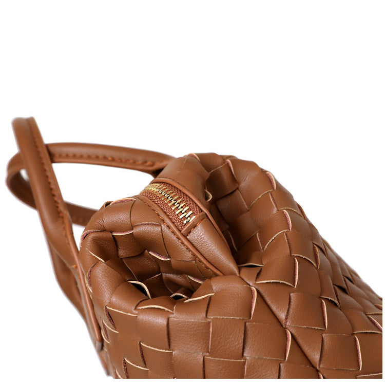 Coffee Leather Woven Bag Zip Crossbody Boston Handbags