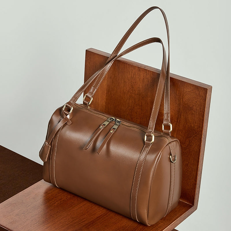 Brown Leather Retro Cylindrical Handbags Daily Shoulder Bag