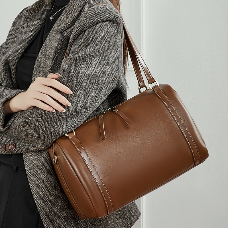 Brown Leather Retro Cylindrical Handbags Daily Shoulder Bag