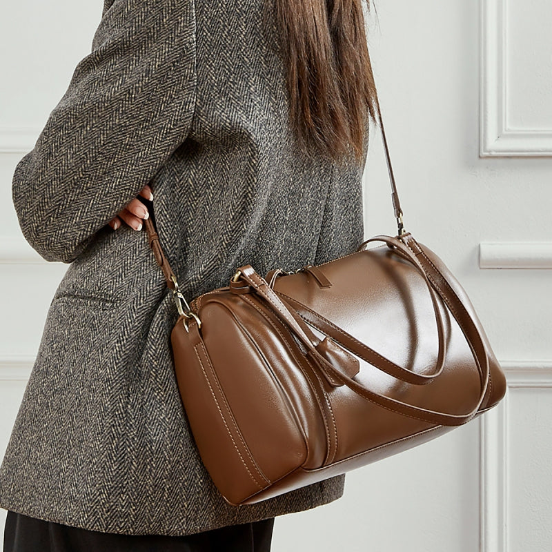 Brown Leather Retro Cylindrical Handbags Daily Shoulder Bag