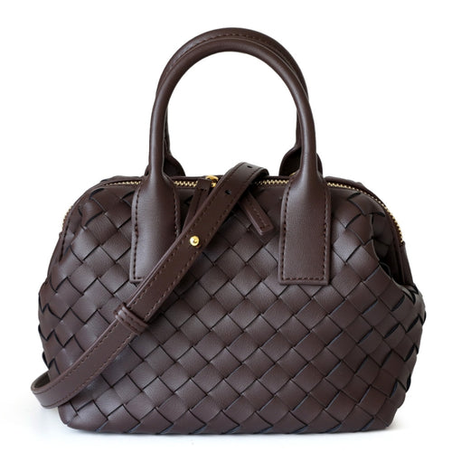 Coffee Leather Woven Bag Zip Crossbody Boston Handbags