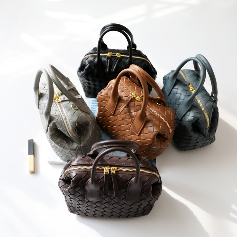 Coffee Leather Woven Bag Zip Crossbody Boston Handbags