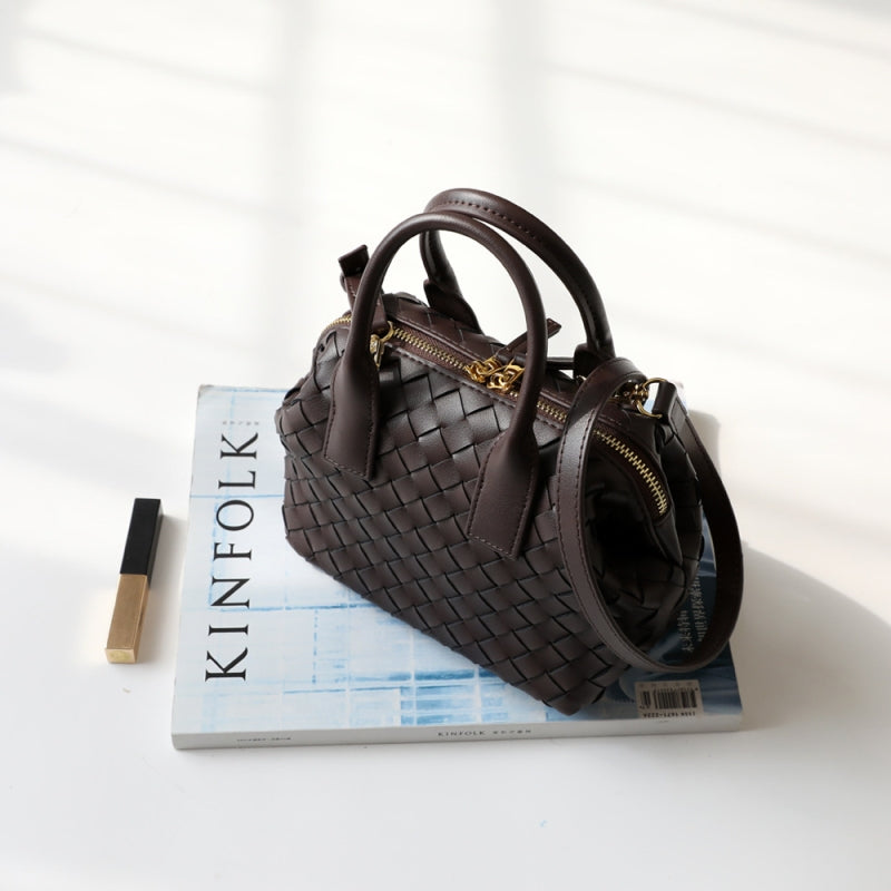 Coffee Leather Woven Bag Zip Crossbody Boston Handbags